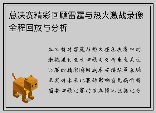总决赛精彩回顾雷霆与热火激战录像全程回放与分析